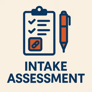 A digital graphic featuring the words 'INTAKE ASSESSMENT' in dark blue, with an icon of a clipboard and checklist, accompanied by an orange pen, against a light beige backdrop.