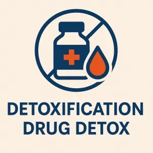 A graphic featuring the words 'DETOXIFICATION' and 'DRUG DETOX' in dark navy blue, with an icon of a medicine bottle and an orange droplet inside a prohibition symbol.