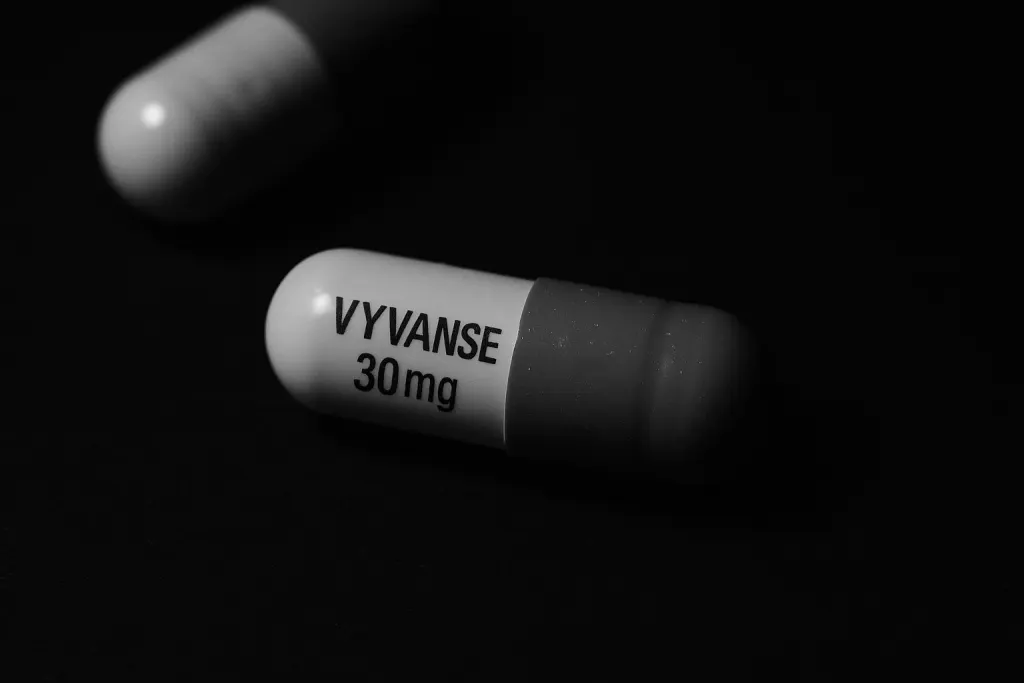 Close-up black and white image of a Vyvanse capsule on a dark background