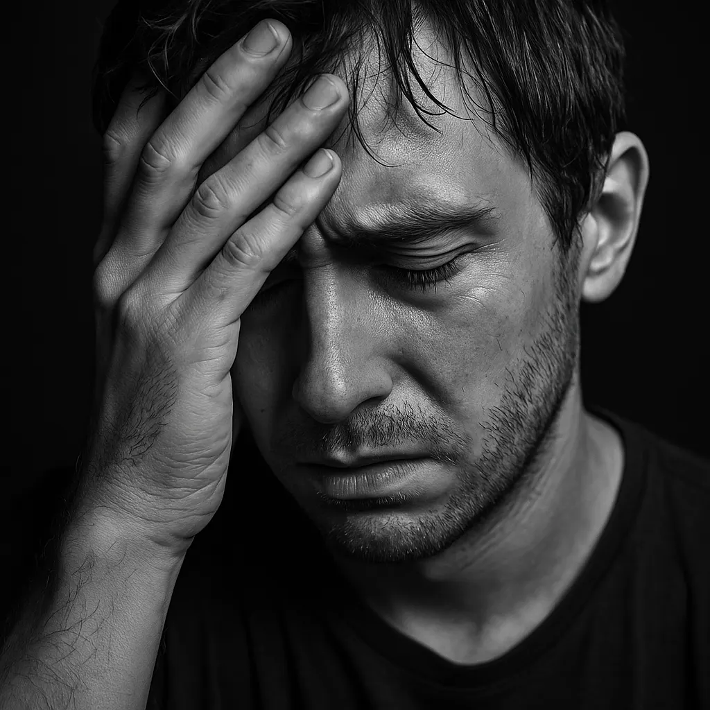 Black and white close-up of a distressed man holding his head, depicting Vyvanse withdrawal symptoms