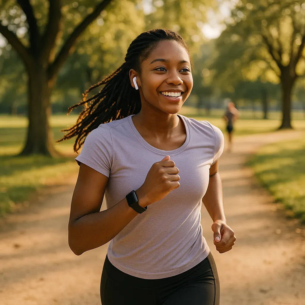 Woman running on a sunny park trail during recovery from alcohol addiction