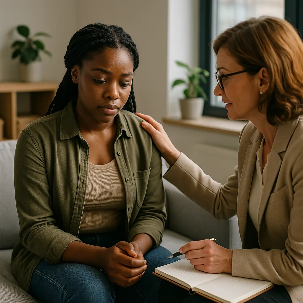 Counselor comforting a young woman during an outpatient drug rehab session