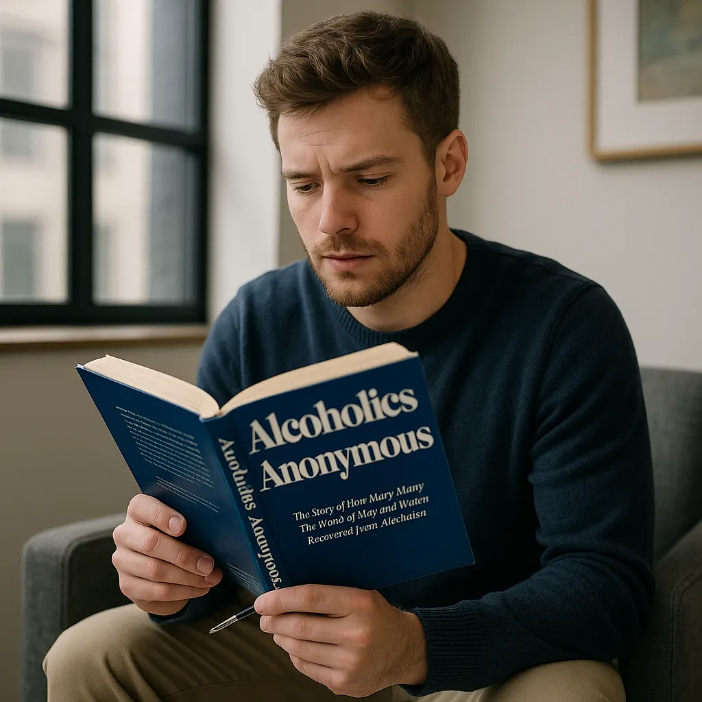 Man reading Alcoholics Anonymous book during outpatient recovery support session