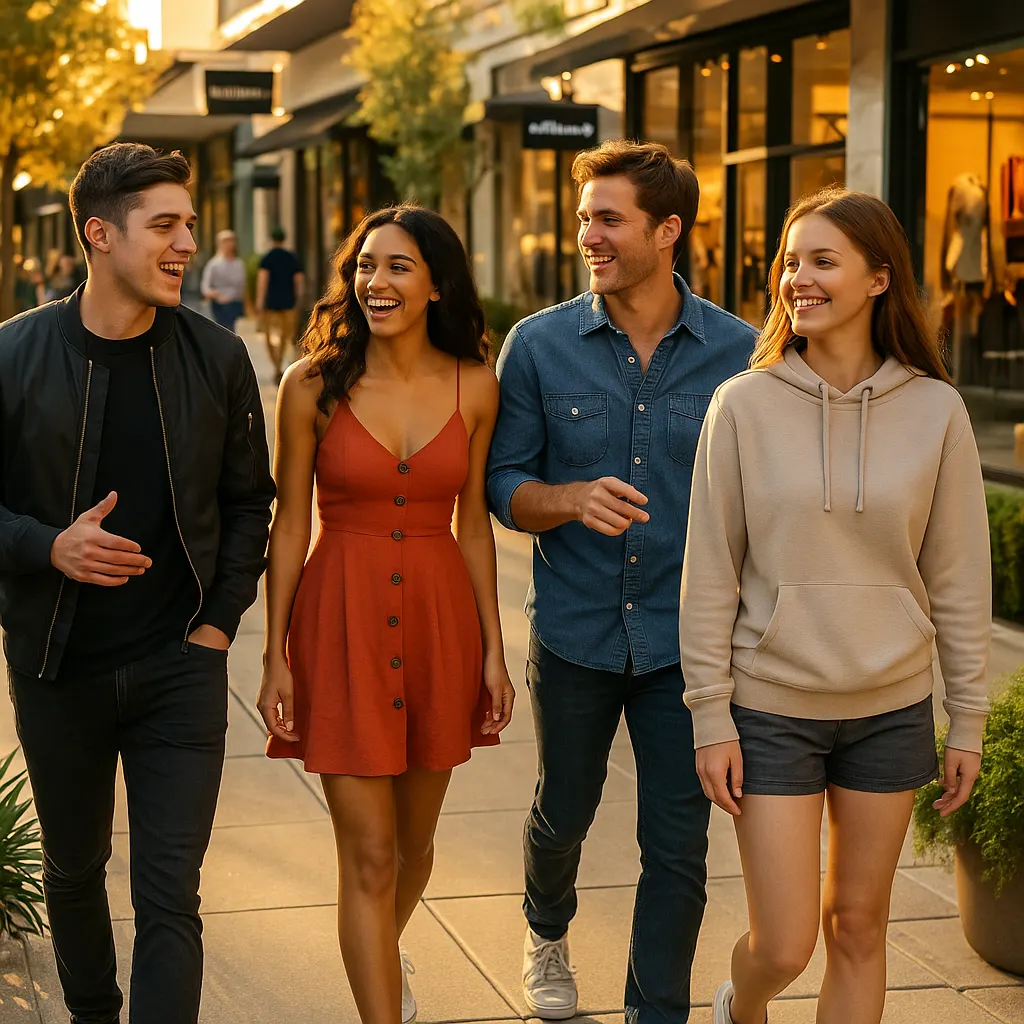 Young friends walking and laughing at The Domain in Austin, enjoying an alcohol-free outing.