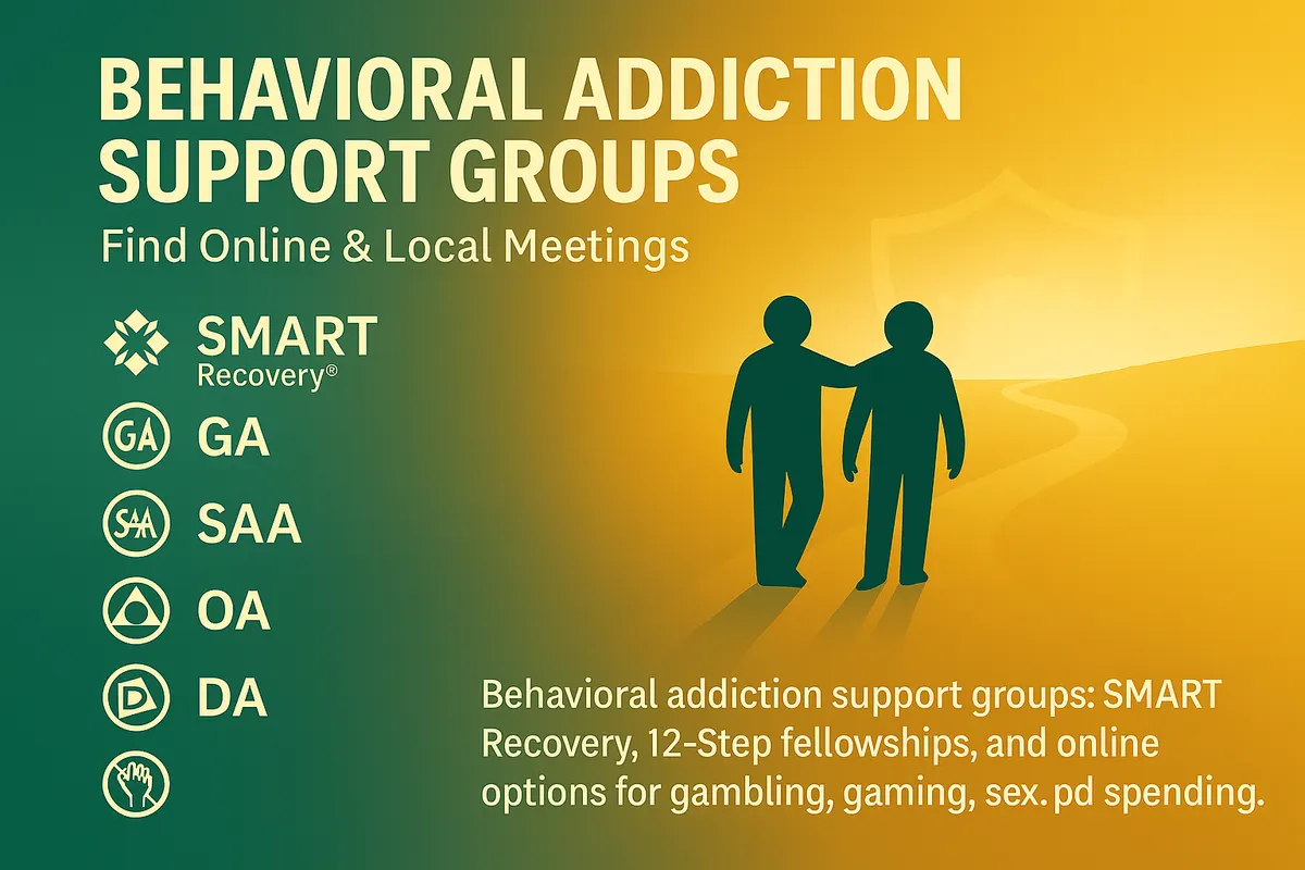Behavioral addiction support groups—SMART, GA, SAA, OA, DA; online and local meetings.