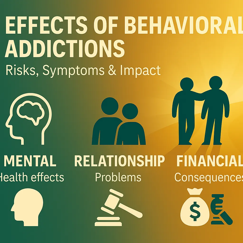 Effects of behavioral addictions — mental, relationship, and financial impacts illustrated in brand style