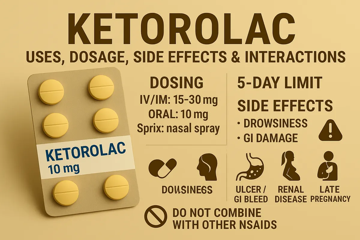 Ketorolac (Toradol) — uses, IV/IM/oral/nasal dosing, 5‑day limit, side effects, and interactions for NSAID pain relief