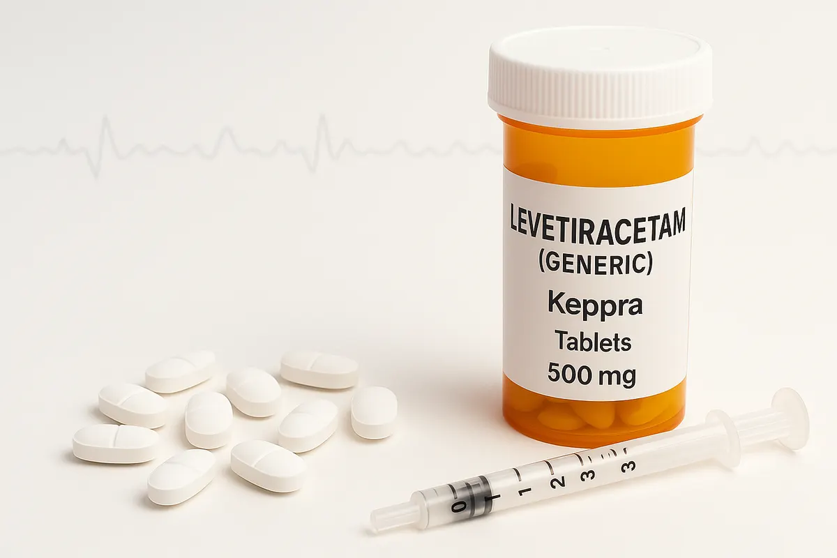 Levetiracetam (Keppra) tablets with oral solution syringe and soft EEG waveform—anti‑seizure medication for focal, myoclonic, and generalized tonic‑clonic seizures.