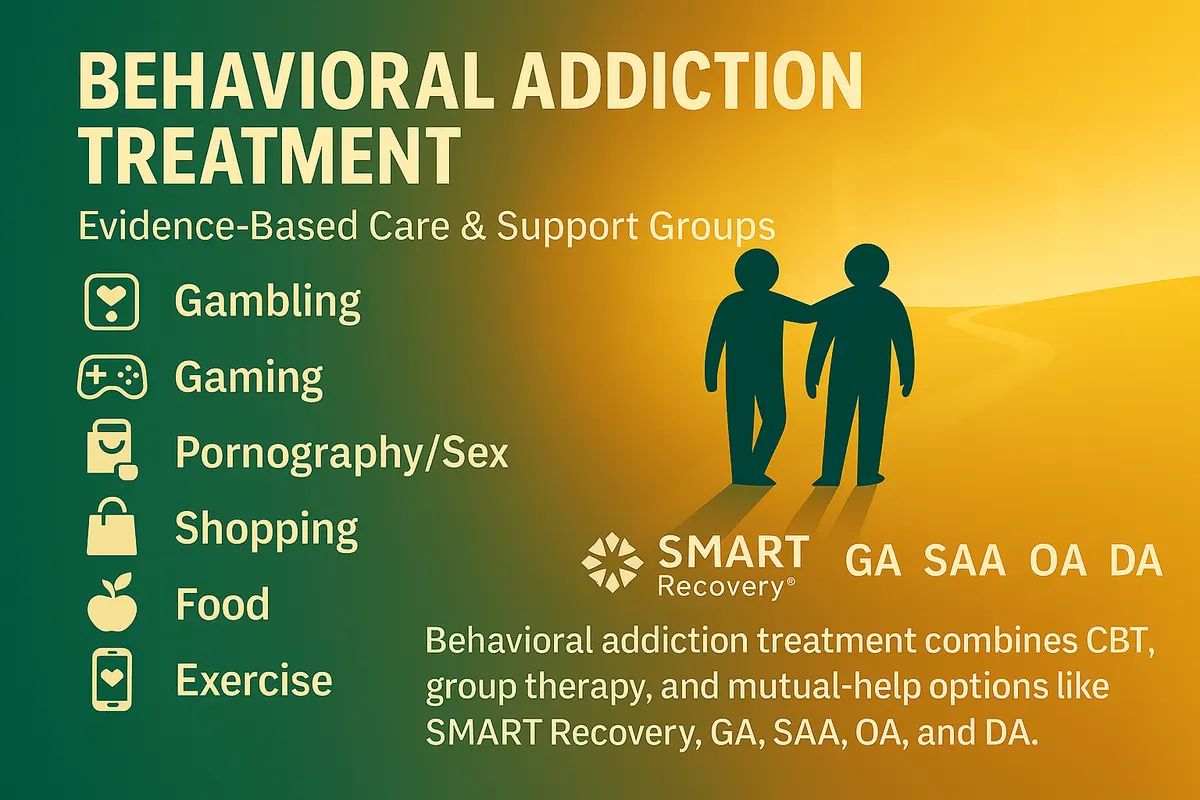 Behavioral addiction treatment with SMART Recovery and support groups—evidence‑based CBT, group therapy, and online or local meetings.