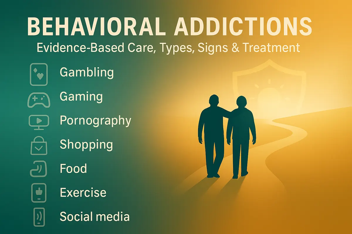 Behavioral addictions feature image with teal‑to‑gold gradient and two people walking toward sunrise; types listed: gambling, gaming, pornography, shopping, food, exercise, work, social media, internet/phone; evidence‑based treatment.