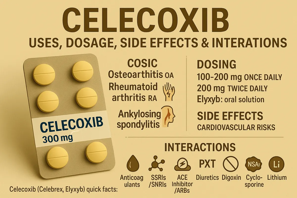 Celecoxib (COX‑2 NSAID) — uses, dosing for OA/RA/AS and acute pain, key side effects, and major drug interactions.