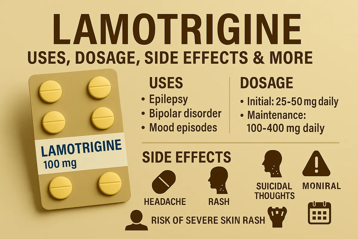 Lamotrigine (Lamictal) feature banner showing tablet icon and headings for uses, dosing, side effects, interactions, pregnancy, and weight change.